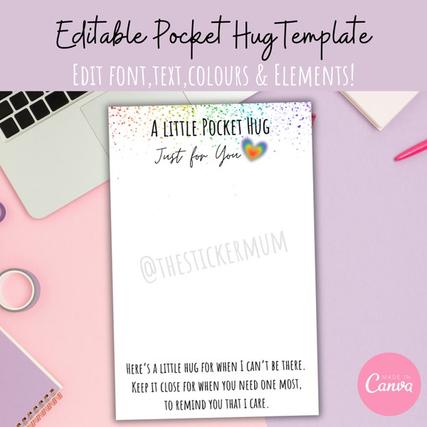 Pocket Hug Rainbow Backing Card Editable Template Digital Downloadable Printable