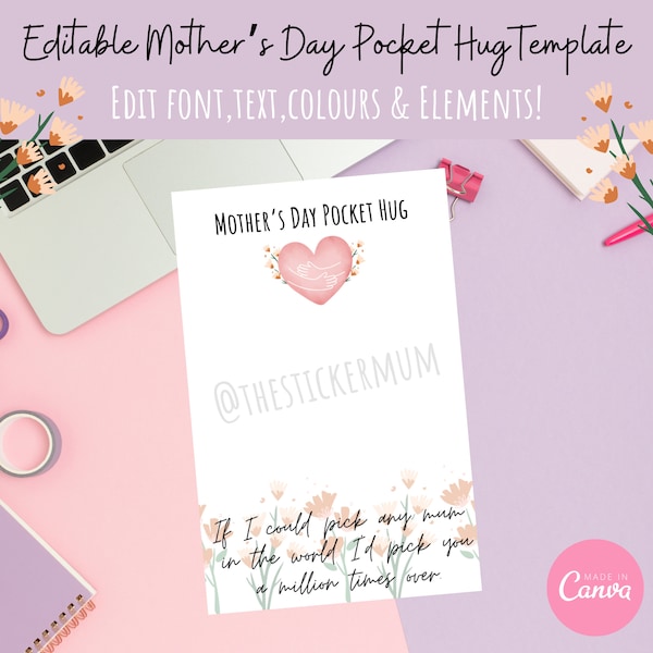 Editable Mother's Day Pocket Hug Backing Card Printable Downloadable