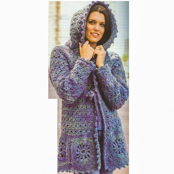Hooded Coat CROCHET PATTERN - Granny Square Crochet Pattern - Granny Square Coat Pattern - Vintage Crochet pdf - PDF instant