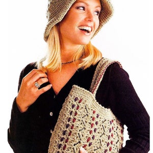 Vintage Crochet Pattern Set Bucket Hat and Tote Bag Hat Women Colorful Boho Summer Hats PDF Instant Digital Download