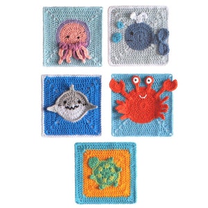 Crochet Granny Square Patterns, 9 Sea Animals Granny Square Motif, 3D Crochet Patterns, Afghan blocks, Crochet Pattern PDF Instant Download