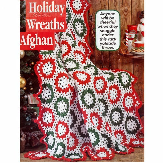 Vintage Christmas Holiday Wreath CROCHET Afghan PATTERN, Throw