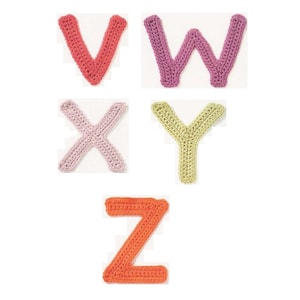 May include: Five crocheted letters, V, W, X, Y, and Z, in different colors. The letters are made with yarn in shades of pink, purple, light green, and orange.