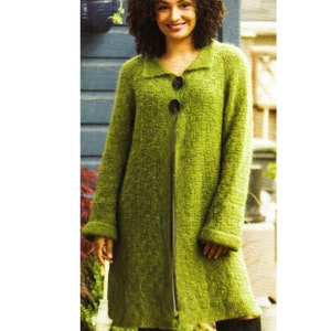 May include: A long, green knitted cardigan with a collar and button fastening. The cardigan has a slightly textured knit and a relaxed fit.