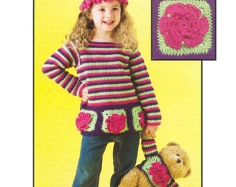Granny Square Sweater Patterns, Granny Square Hat Pattern, Ruffled Hat, Flower Pattern, Floral Square, Colorful Striped, Instant Download