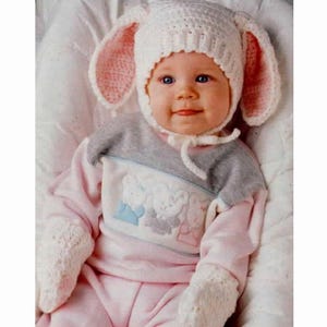 Vintage Häkelanleitung PDF Baby Hase Mütze und Handschuhe, Häkeln Ostermütze, Schlappohren Hase Hut, Oster Geschenke, Baby häkeln, nur auf Englisch