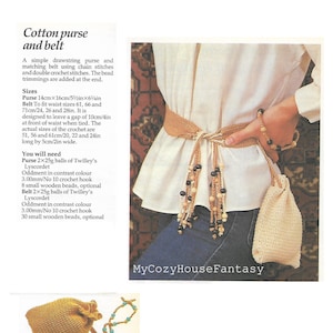 May include: A crocheted beige drawstring purse with wooden beads and a crocheted beige belt with wooden beads. The purse measures 5.5 inches by 6.5 inches. The belt is designed to fit waist sizes 24, 26, and 28 inches.