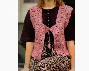 Vintage CROCHET PATTERN, Womens Lacy Granny Square Vest Top, pdf Instant Digital Download, Front Lace Up Romantic Victorian Top, Waistcoat