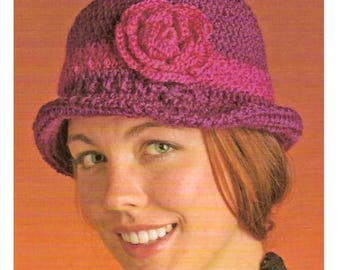 CROCHET Womens Hat PATTERN, Crochet Hat Pattern Flower, Crochet Hat with Flower, Retro Crochet Pattern, Crochet Head Cover, pdf English Only