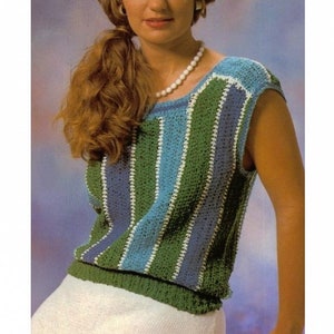 May include: A sleeveless crochet top with a striped pattern in green, blue and white.