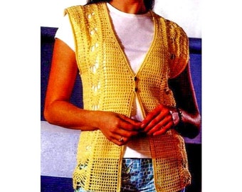 May include: A yellow crocheted vest with a V-neck and button closure. The vest has a lacy pattern and is sleeveless.