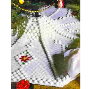 May include: White crocheted Christmas tree skirt with a red poinsettia design. The skirt has a scalloped edge and is decorated with white pom-poms.
