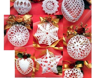 May include: Eight white crocheted Christmas ornaments in various shapes, including a star, a snowflake, a heart, and a ball. The ornaments are displayed on a red background with gold ribbon.