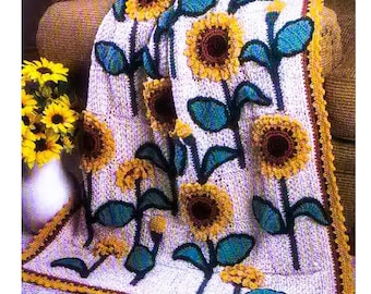 Crochet Lap Blanket Pattern - Digital Download Sunflower -  Sunflowers Afghan - Vintage Pattern Crochet - Pattern PDF