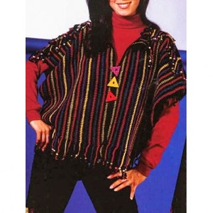 May include: A striped crochet poncho with fringe, featuring a black, red, yellow, and blue colour scheme. The poncho has three triangular buttons in red, yellow, and blue.