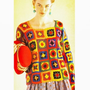 May include: A colorful crochet top with a square pattern in shades of red, yellow, blue, green, and black.