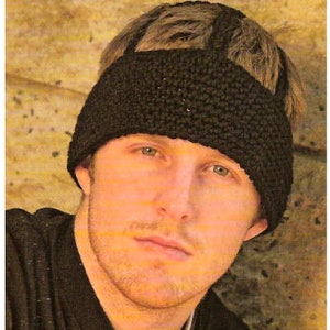 May include: A black crocheted headband with a wide band and a simple design. The headband is being worn by a person with brown hair.