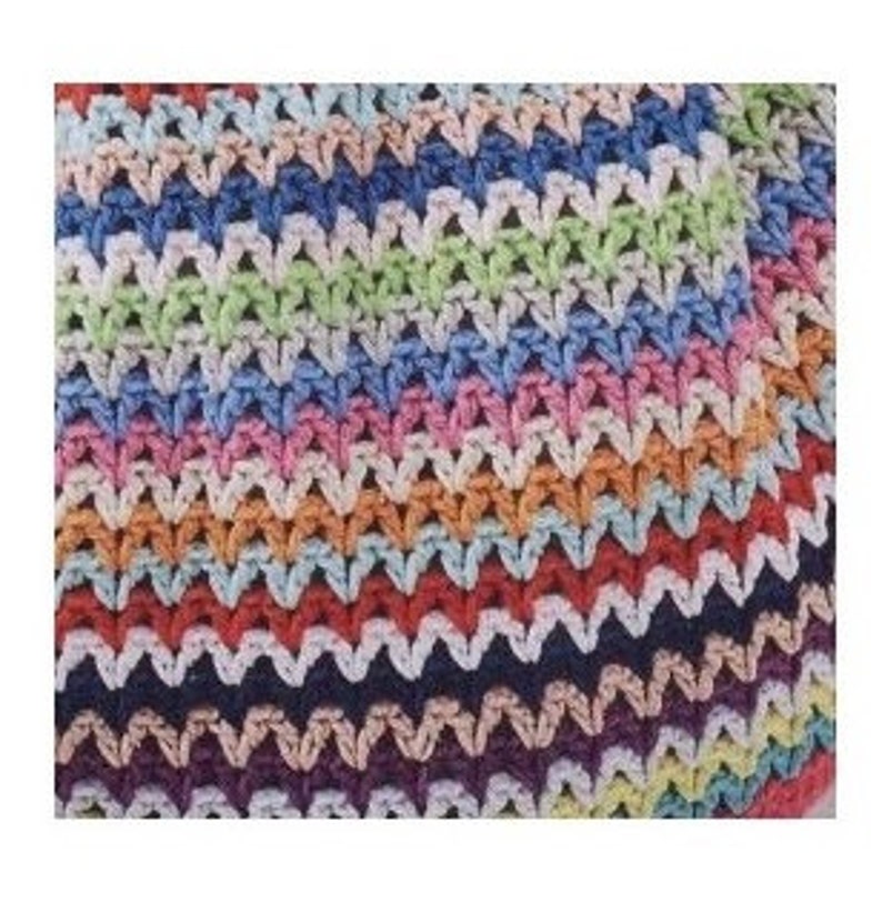 May include: Multicolored crochet blanket with a chevron pattern. The blanket is made with a variety of colors, including pink, blue, green, yellow, orange, and red.