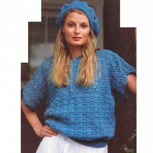 Vintage CROCHET PATTERN, Crochet Polo Top and Beret Set, Button Up Polo, Shirt Mesh, Pullover Sweater, PDF Instant Digital Download
