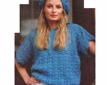 PATRÓN DE CROCHET Vintage, Conjunto de Top Polo y Boina de Ganchillo, Polo con Botones, Camisa de Malla, Suéter tipo Jersey, Descarga Digital Instantánea en PDF