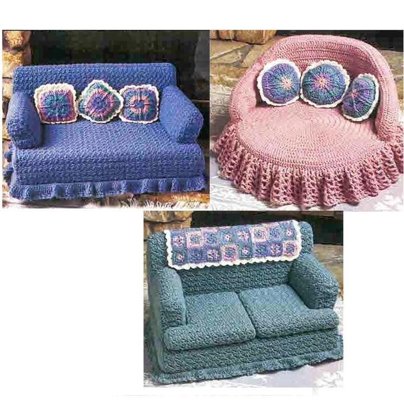 May include: Three crocheted couches in different colours and styles. The first couch is blue with a ruffled edge and three cushions. The second couch is pink and round with a ruffled edge and two cushions. The third couch is teal with a ruffled edge and a crocheted throw blanket.