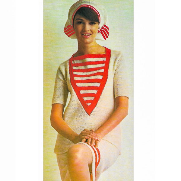 Vintage Knitting Pattern Ladies Jumper suit with striped bib and skirt PDF Instant Digital Download knitting pattern