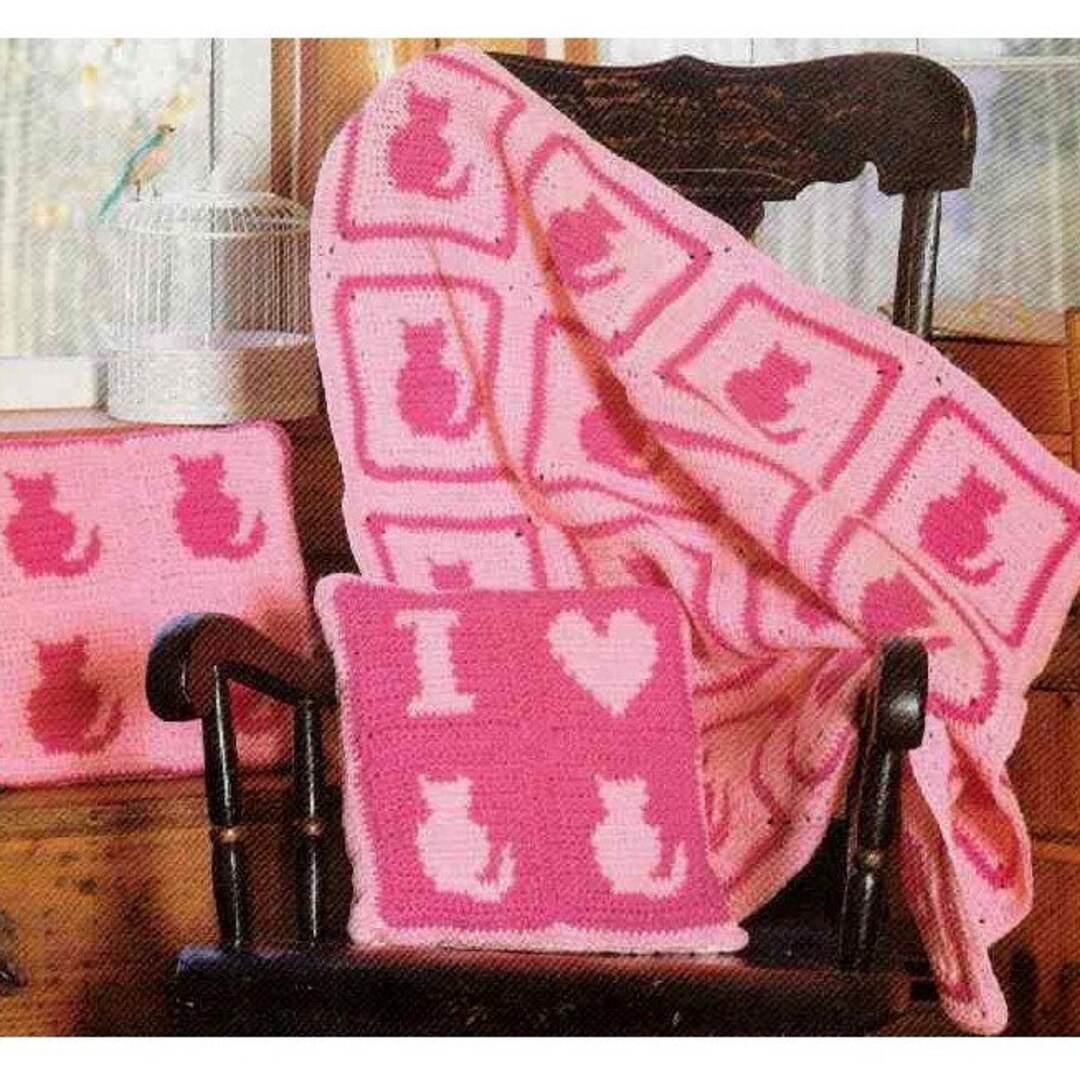 Cat Blanket Crochet PATTERN I Love Cats Crochet Blanket and Pillow Set
