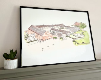 Manor Mews Norfolk, Illustration de lieu peinte à la main, cadeau de mariage, impression personnalisée de décor de mur, cadeau d'anniversaire de papier, douche nuptiale