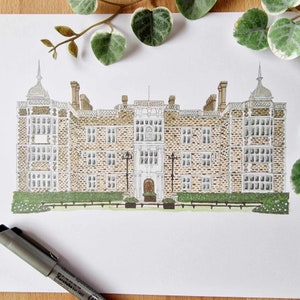 Charlton House, Ilustración de lugar de acuarela, Regalo de boda imprimible, Impresión de decoración de pared personalizada, Regalo de aniversario de papel, Despedida de soltera