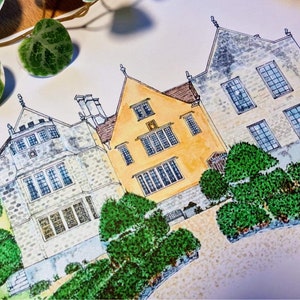 Owlpen Manor, Hand Painted Venue Illustration, Printable Wedding Gift, Personalised Wall Decor Print, Paper Anniversary Gift, Bridal Shower