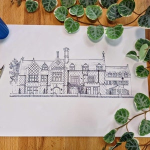 Burley Manor, Hand Drawn Venue Illustration, Printable Wedding Gift, Personalised Wall Decor Print, Paper Anniversary Gift, Wedding logo