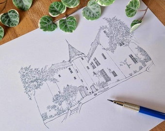 Chateau De Chanze, Hand Drawn Wedding Venue Illustration, Printable Gift, Personalised Wall Decor Print, Paper Anniversary, Bridal Shower