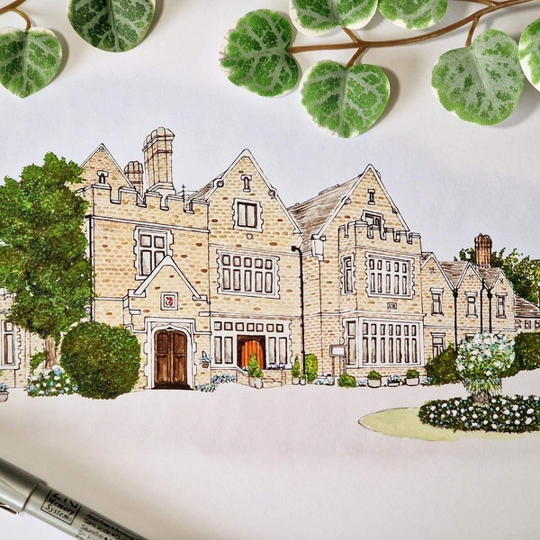 highley manor venue hand drawn and painted watercolour illustrated print with background perfect for wedding stationery and wedding signage