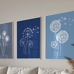 Blue floral dandelion botanical set of 3 prints/ trendy home decor/ line art flowers plants design/ livingroom poster set/ bedroom