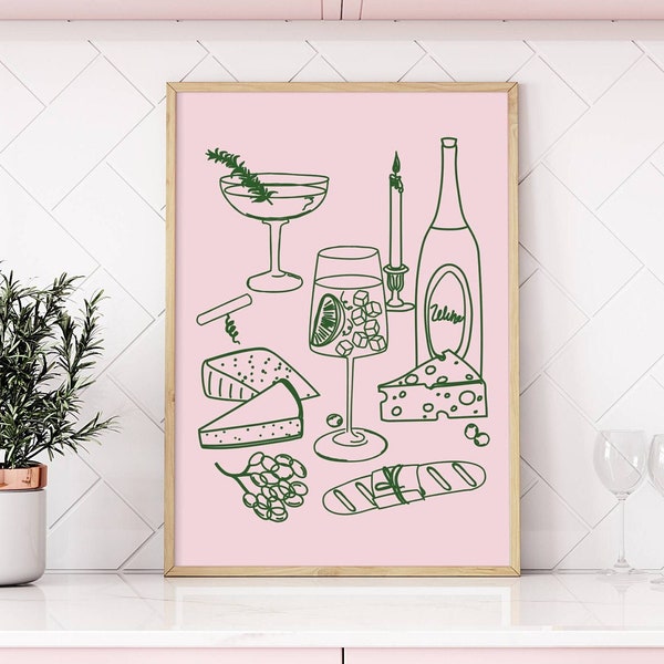 Large Size Green Pink Wine and Cheese Kitchen decor | French Breakfast Print /Modern Dining room wall art / Hand Drawn Minimalist Food Art