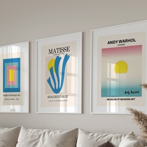 Set of 3 Digital Art, And Warhol Poster,Blue Color Block Print, Matisse Poster Set, Gallery Wall Bundle,Museum Poster,Dorm Room Wall Decor