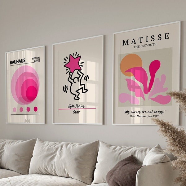Set Of 3 Prints, Matisse Print, Matisse Cutout, Keith Haring Print, Keith Haring Star Poster, Color Block Print, Pink ,DIGITAL DOWNLOAD