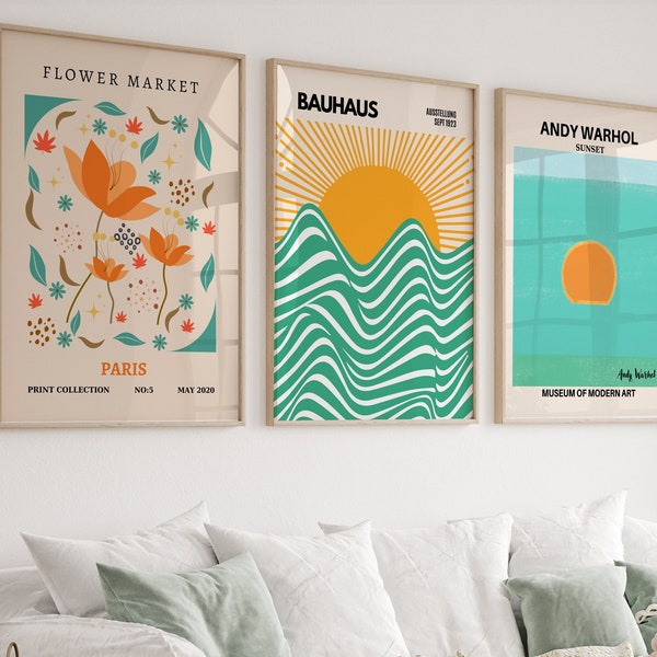 Set of 3 Exhibition Poster,Gallery Wall Art Set,3 Piece Wall Art,Flower Market Print,Matisse Wall Art,Bauhaus Poster Set,Modern Wall Art