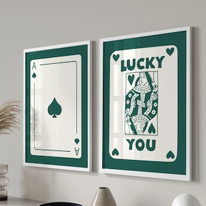 Trendy Retro Wall Art Set Of 2,Queen Funky Art Print,Retro Trendy Aesthetic Print,Green Ace Card Poster,Lucky You Poster,Trendy Wall Art,