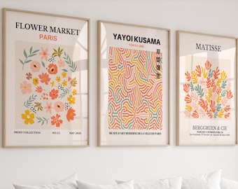 Wall Art Set of 3,Matisse Print,Flower Market Poster,Yayoi Kusama Print Set,Gallery Wall Bundle,3 Piece Wall Art,Kusama Art, Modern Wall Art