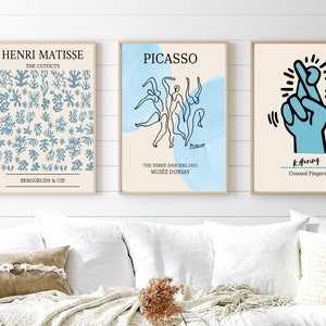 Gallery Wall Set of 3, Boho Museum Exhibition Poster,Blue  Matisse Print,The Three Dancer Poster of Picasso, Crossed Fingers of Keith Haring