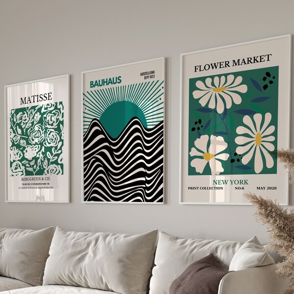 Exhibition Wall Art Set of 3,Matisse Print,Flower Market Poster,Bauhaus Print Set,Gallery Wall Bundle,3 Piece Wall Art,Modern Wall Art