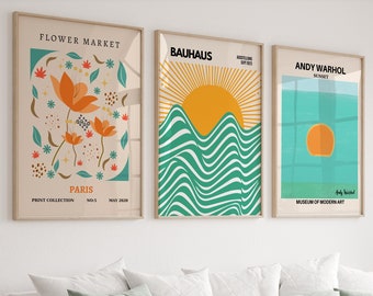 3er Set Ausstellungsplakat, Galerie Wandkunst, 3-teilige Wandkunst, Blumenmarkt-Druck, Matisse Wandkunst, Bauhaus Poster Set, moderne Wandkunst