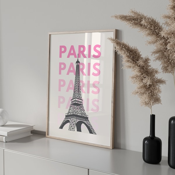 Paris France Travel Print,Digital Art Download,Pink Black Eiffel Tower Travel Exhibition Print,Trendy Wall Print,Dorm Room Decor