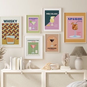 Cocktail Prints Set of 6, Gallery Wall Prints Set, Digital Download, Trendy Cocktail Posters, Bar Cart Accessories,Retro Alcohol Prints