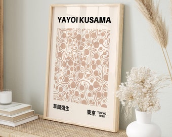 Yayoi Kusama Poster, Yayoi Kusama Print, Yayoi Kusama Ausstellungsplakat, japanische Kunst, Infinity Netze, Beige Motivkunst, Kusama Digitaldruck