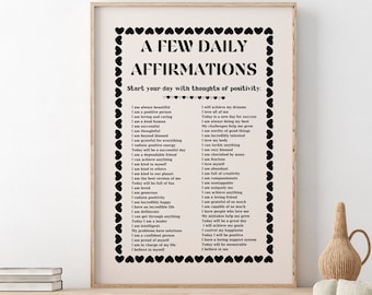 Daily Affirmations  Wall print, Preppy room decor, Dorm decor, Motivational quote, Daily reminders, Positive Affirmations,Y2k room decor