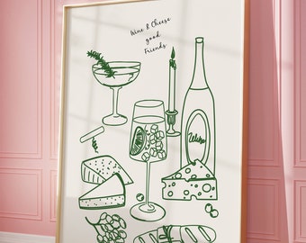 Decoración de cocina de vino y queso verde de gran tamaño / Impresión de desayuno francés / Arte moderno de la pared del comedor / Arte gastronómico minimalista dibujado a mano