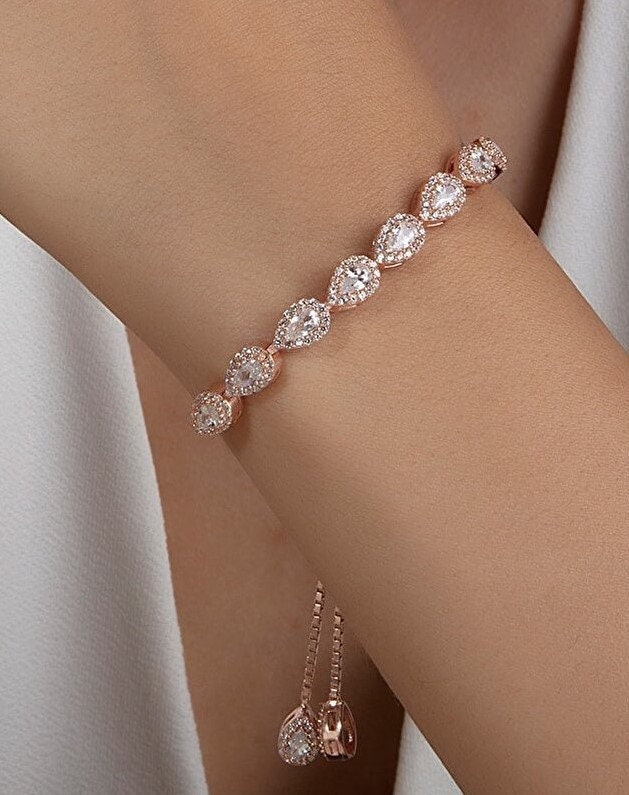 Sterling Silver Teardrop CZ Bracelet: Adjustable Crystal Tennis