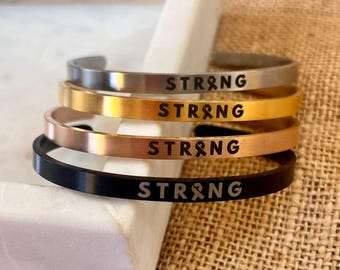 Strong Brave Loved Cuff Bracelet | Cancer Support Awareness Ribbon Jewelry